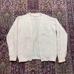 VTG 60s 70s Tally-Ho Mens Wool Cable Knit Cardigan Cream Button Front‎ Size L